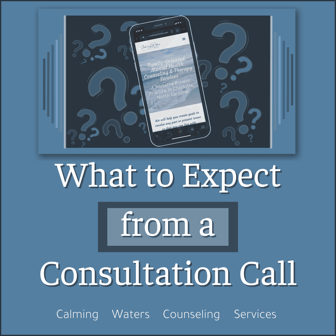 Picture of a cell phone with question marks in the background behind the phone. The title of the blog What to Expect from a Consultation Call are on the graphic.