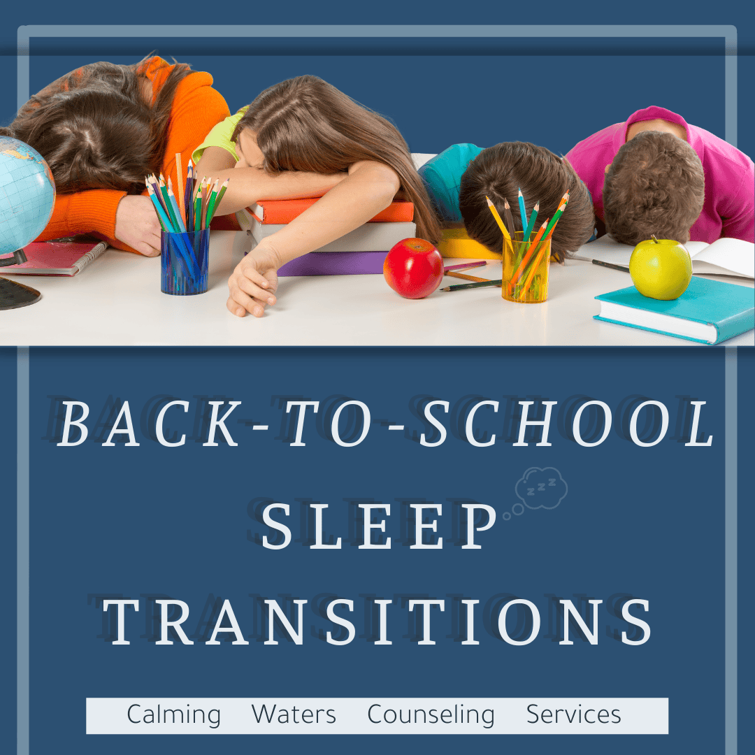 Picture of school children with their heads down, asleep on their school desk with the blog title "Back-To-School" Sleep Transitions.