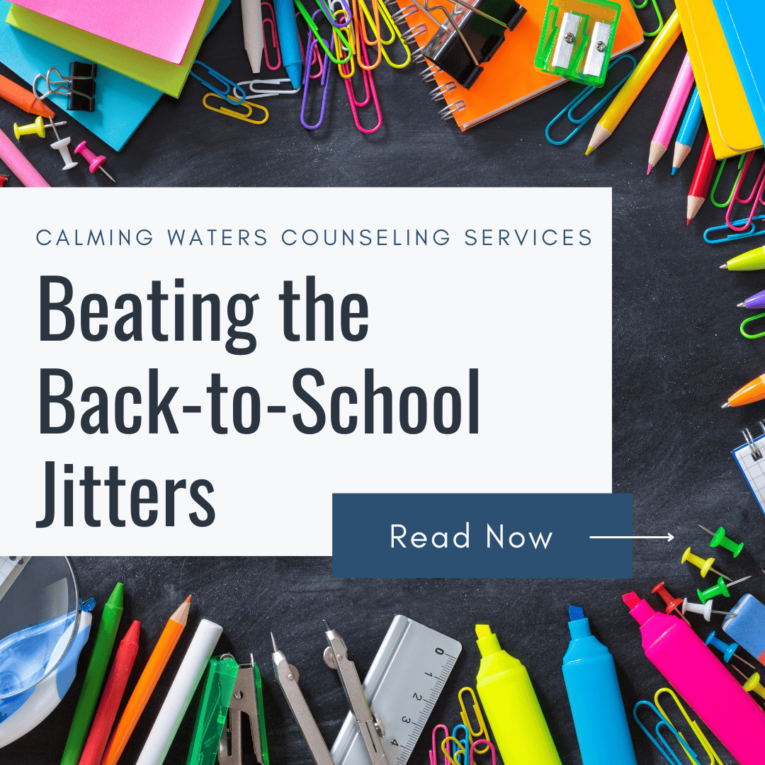 An array of school supplies in the background with the blog title Beating the Back-to-School Jitters in a white box
