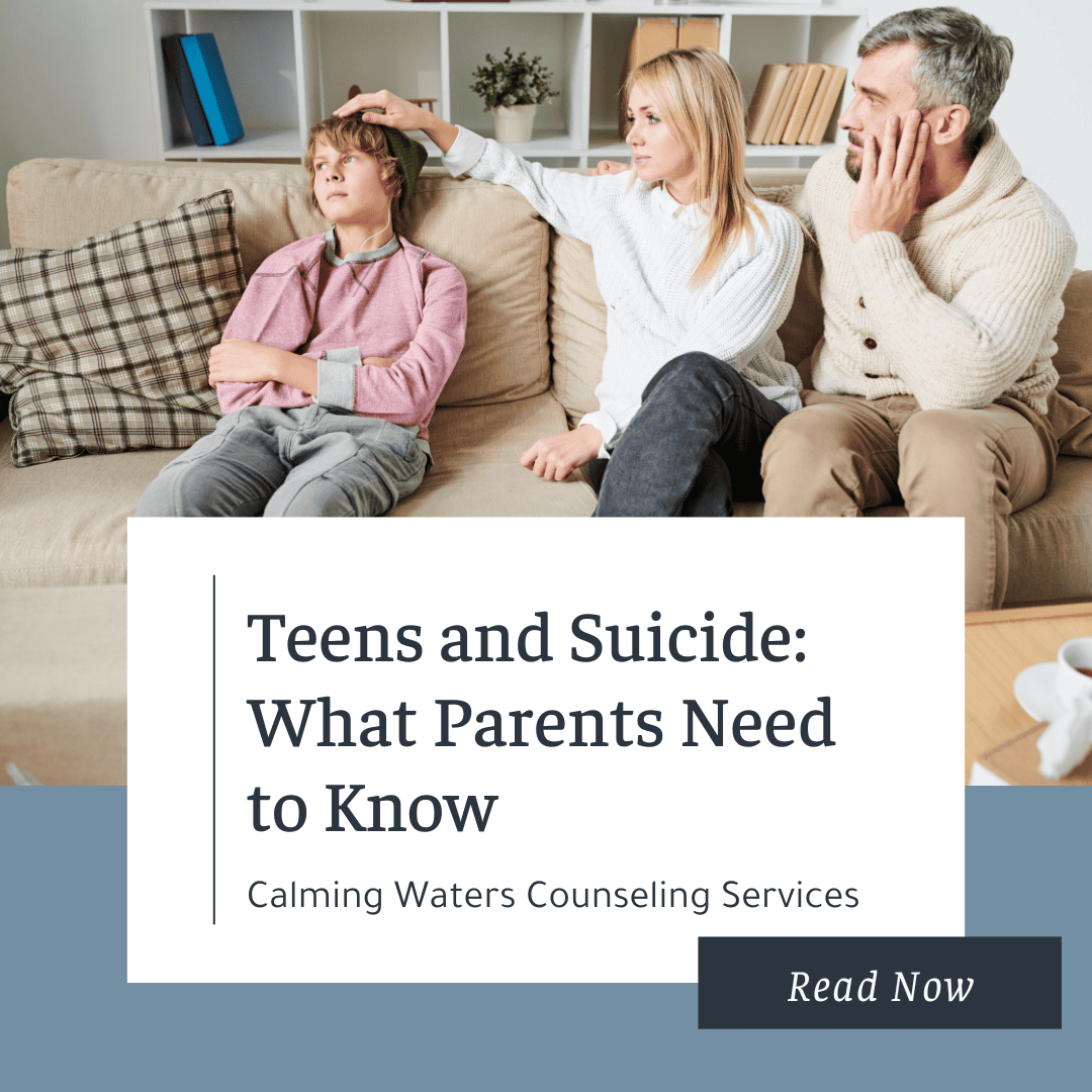 Picture of a worried mother and father sitting on the couch with teen son who is looking in the distance with white block at the bottom of the picture with the title of the blog "Teens and Suicide: What Parents Need to Know".