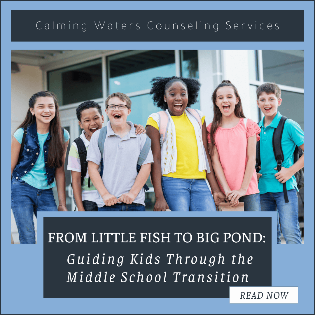 Group of middle school kids together smiling at the camera with the title of the blog "From Little Fish to Big Pond: Guiding Kids Through the Middle School Transition" below the picture